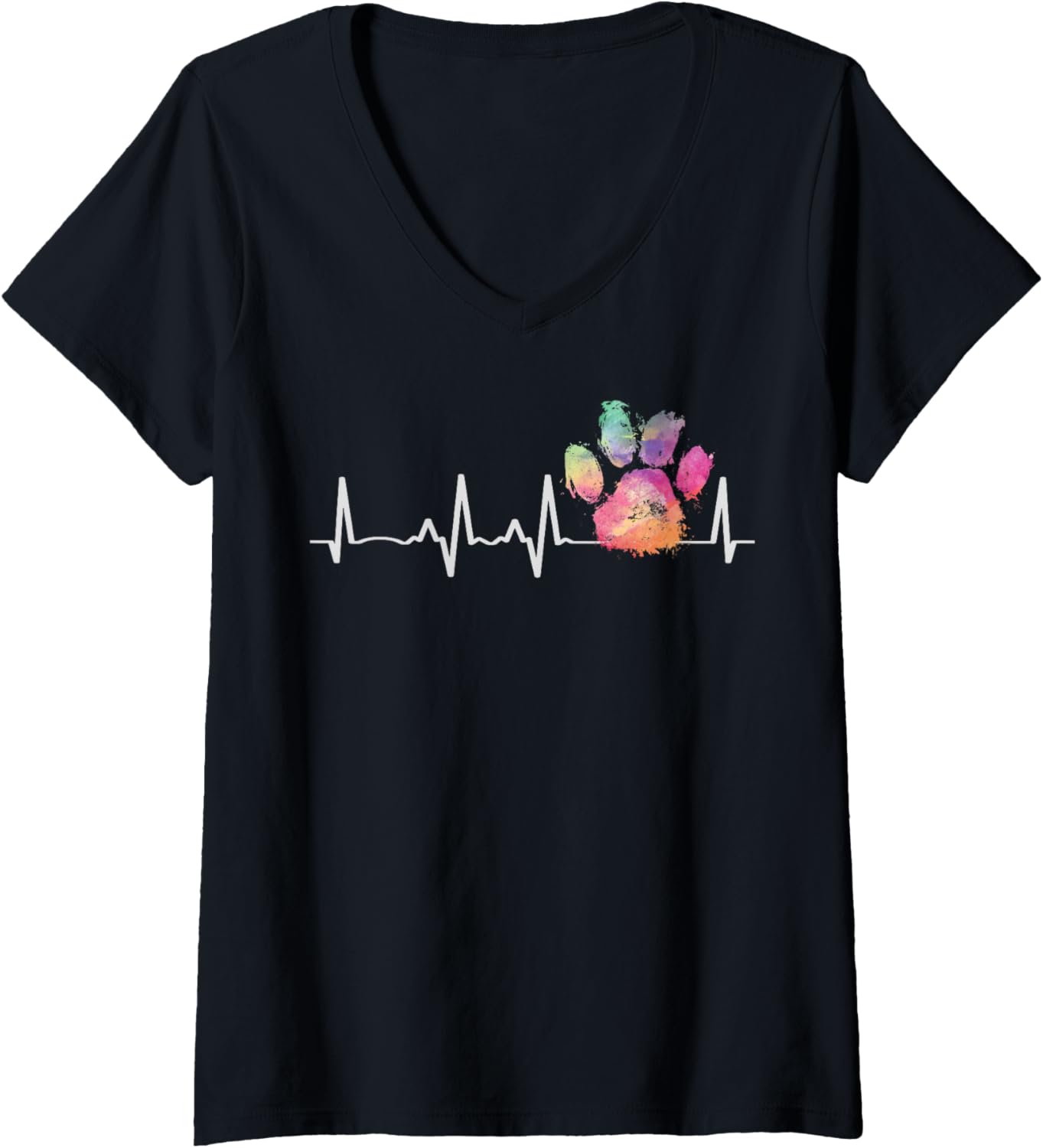 Womens Cute Veterinarian Gift Rainbow Paw Print Heartbeat Vet Tech V Neck