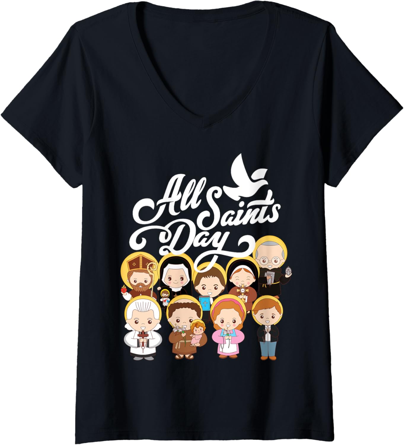 Womens All Saints Day Catholic St Anthony Faustina Kolbe Goretti V Neck