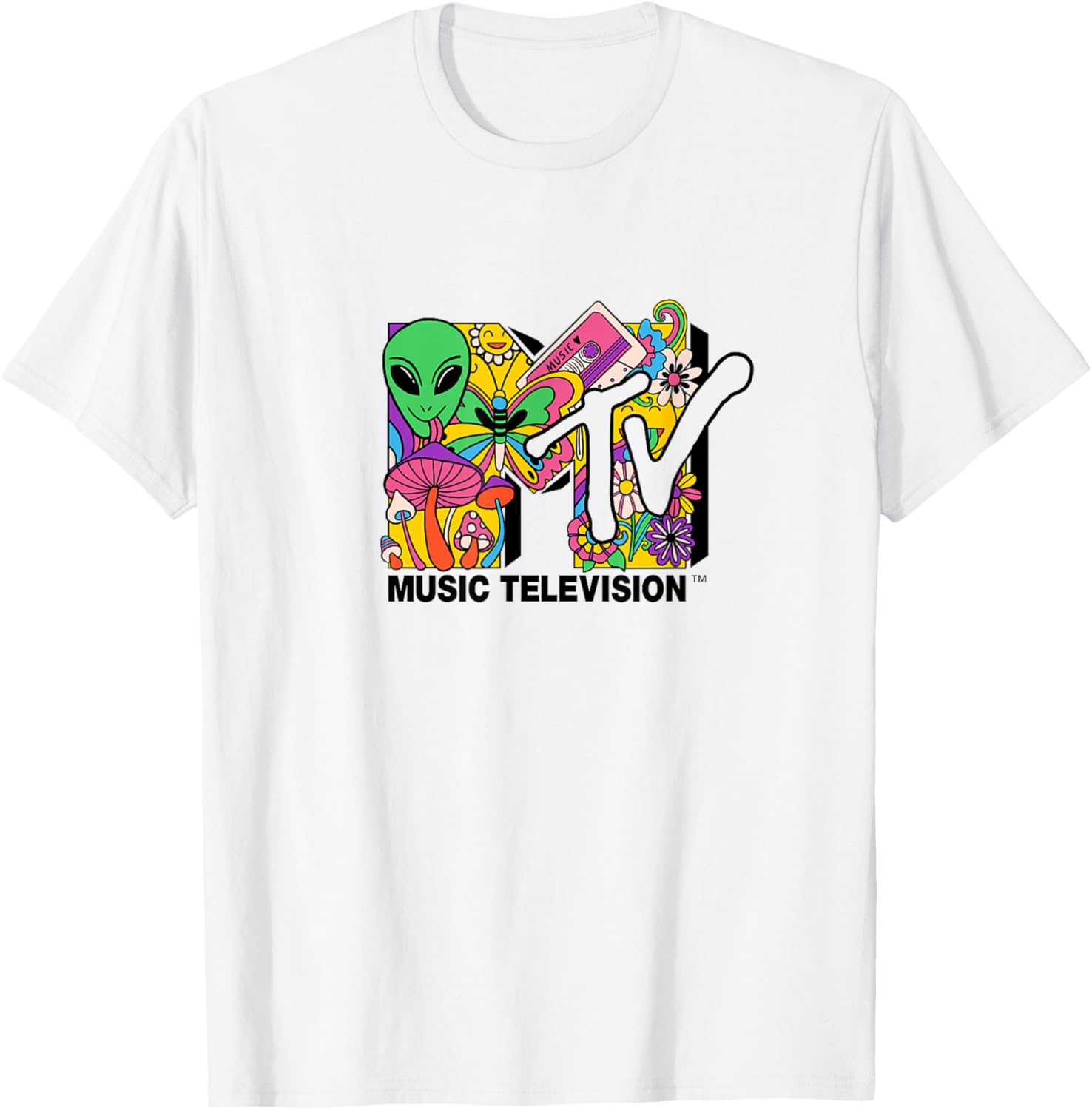 Mademark x MTV   The official MTV Logo with mushrooms aliens and flowers