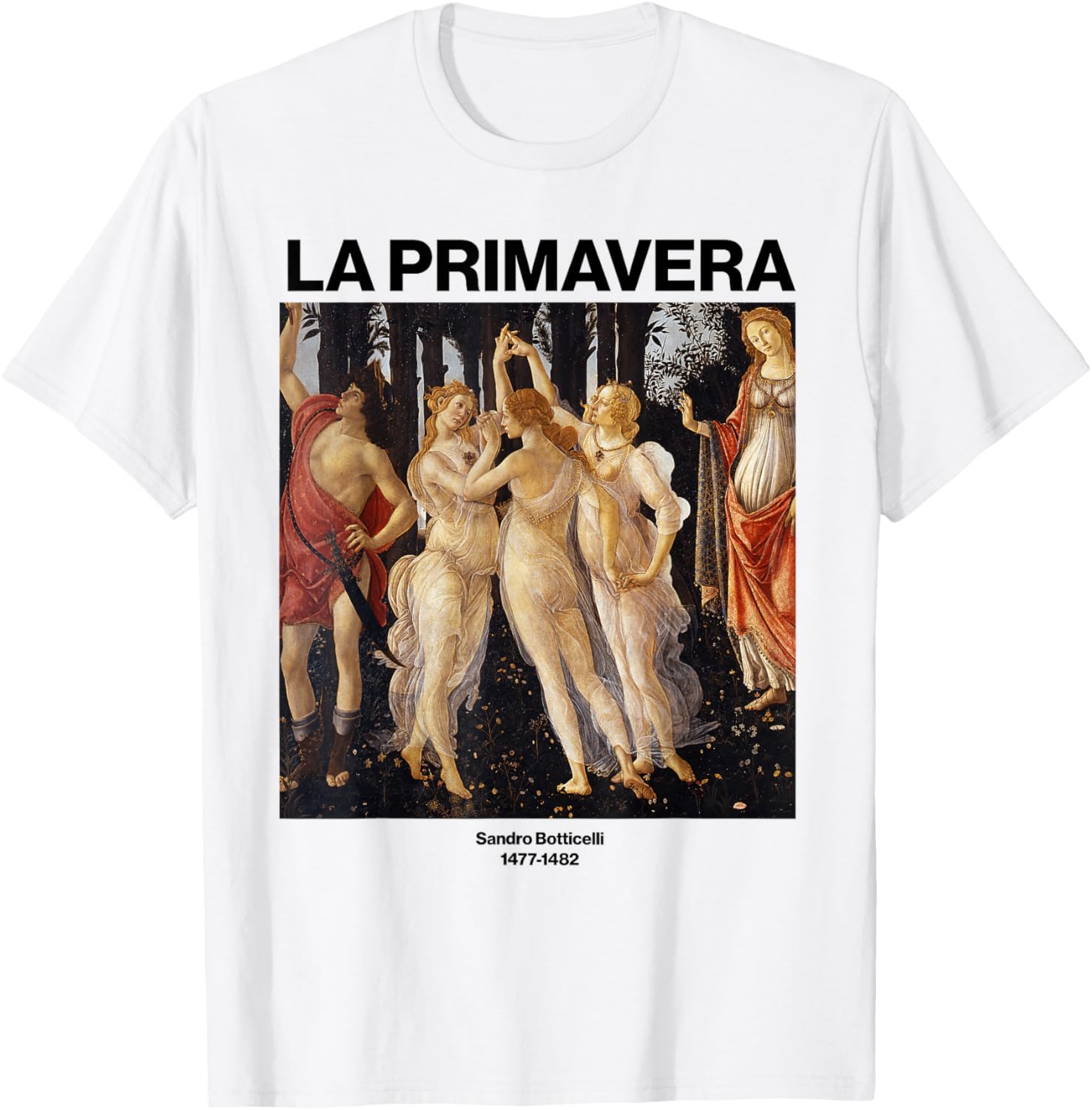 Fine Arts Bottega   Botticelli La Primavera T Shirt   White   Small   Unisex   Short Sleeve   Classic Fit   Cotton Blend   Art Lovers, Women   Renaissance, Spring