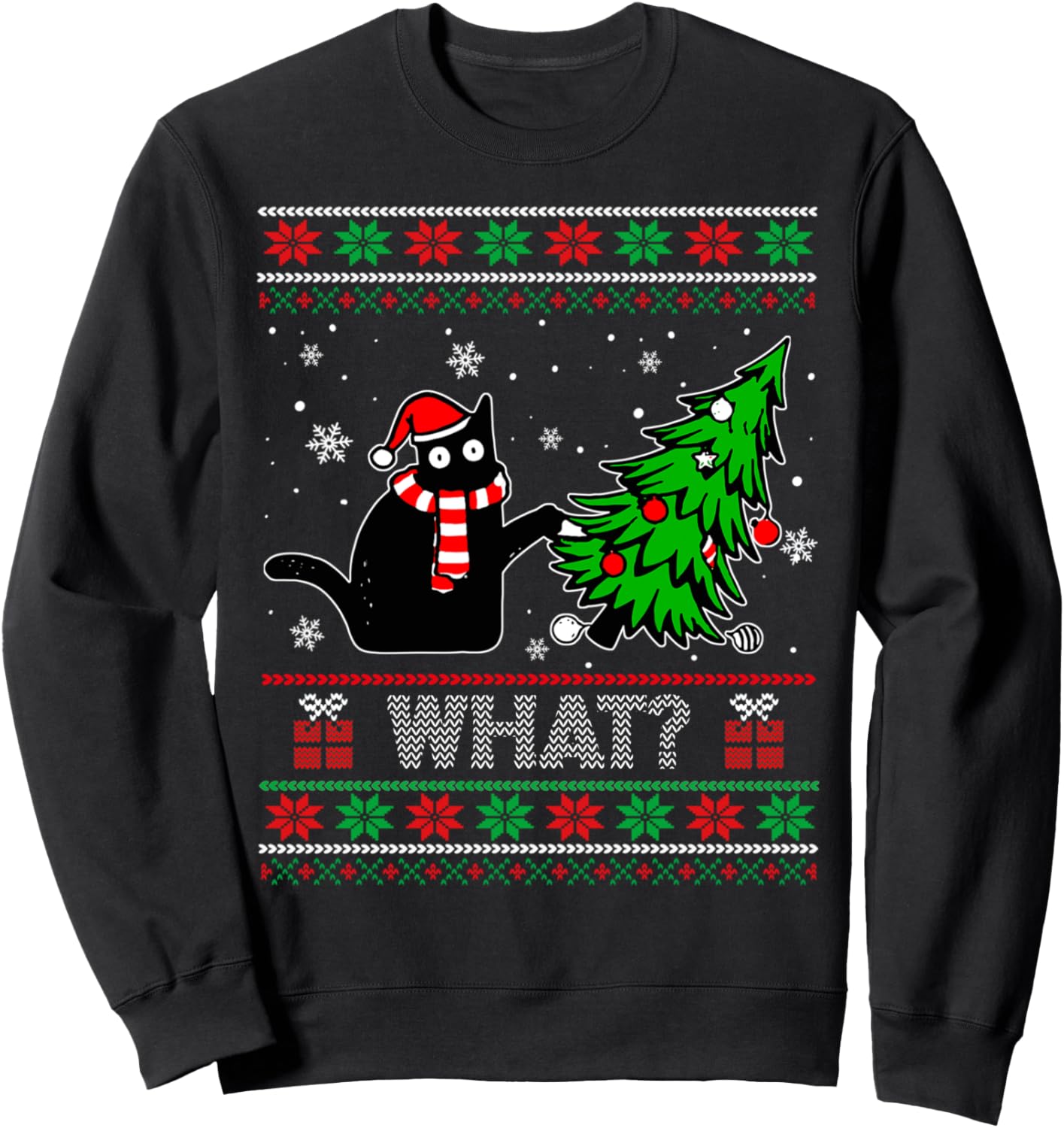 Funny Black Cat What? Pushing Christmas Tree Ugly Sweater Sweatshirt