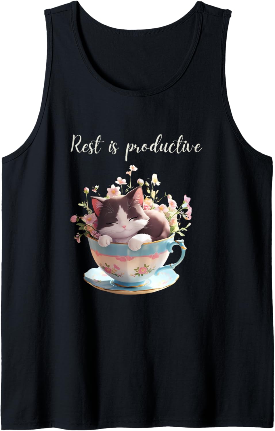Cute Cat Lovers Rest is Productive Tea Cup Mental Health Tank Top