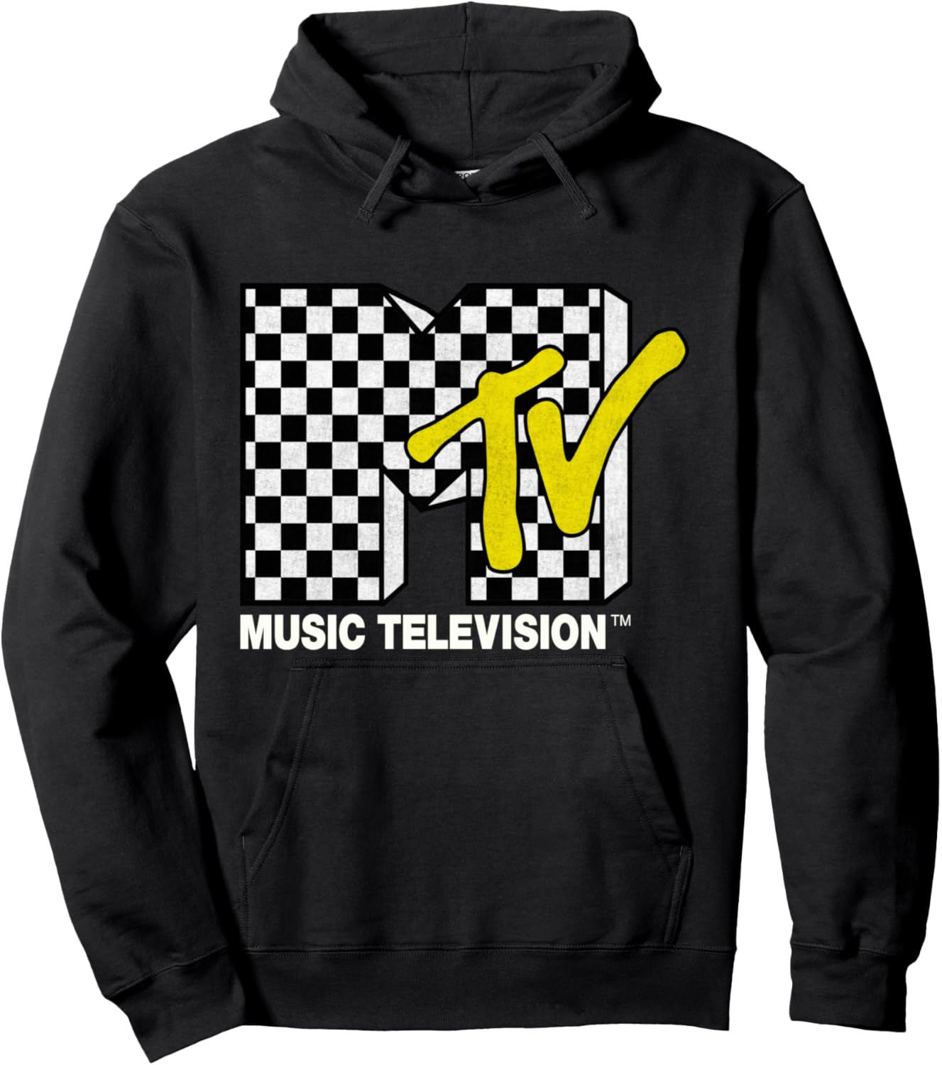 Classic MTV Logo Distressed Checkered Print Pullover Hoodie