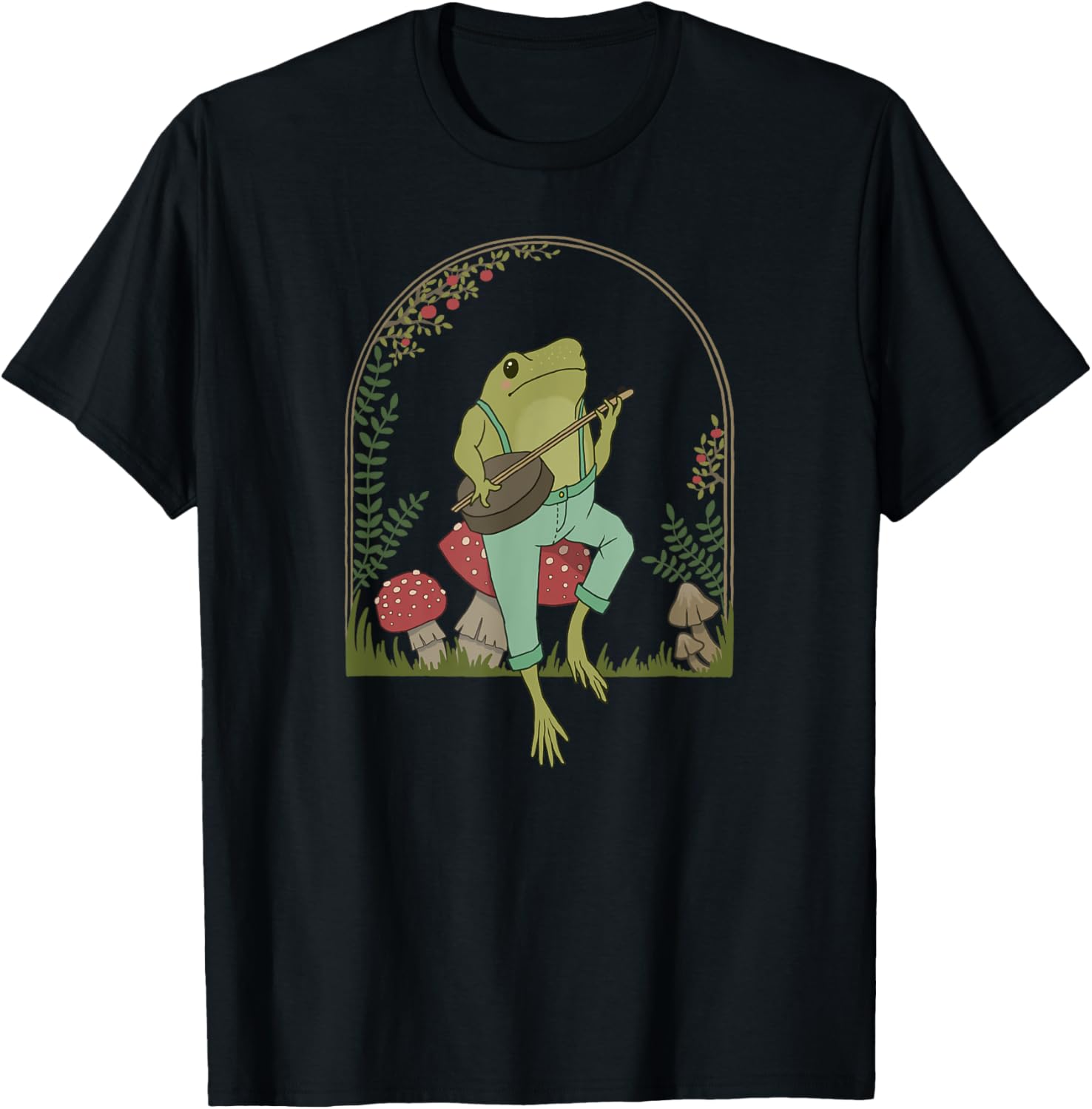 Cottagecore Aesthetic Frog Playing Banjo on Mushroom Cute