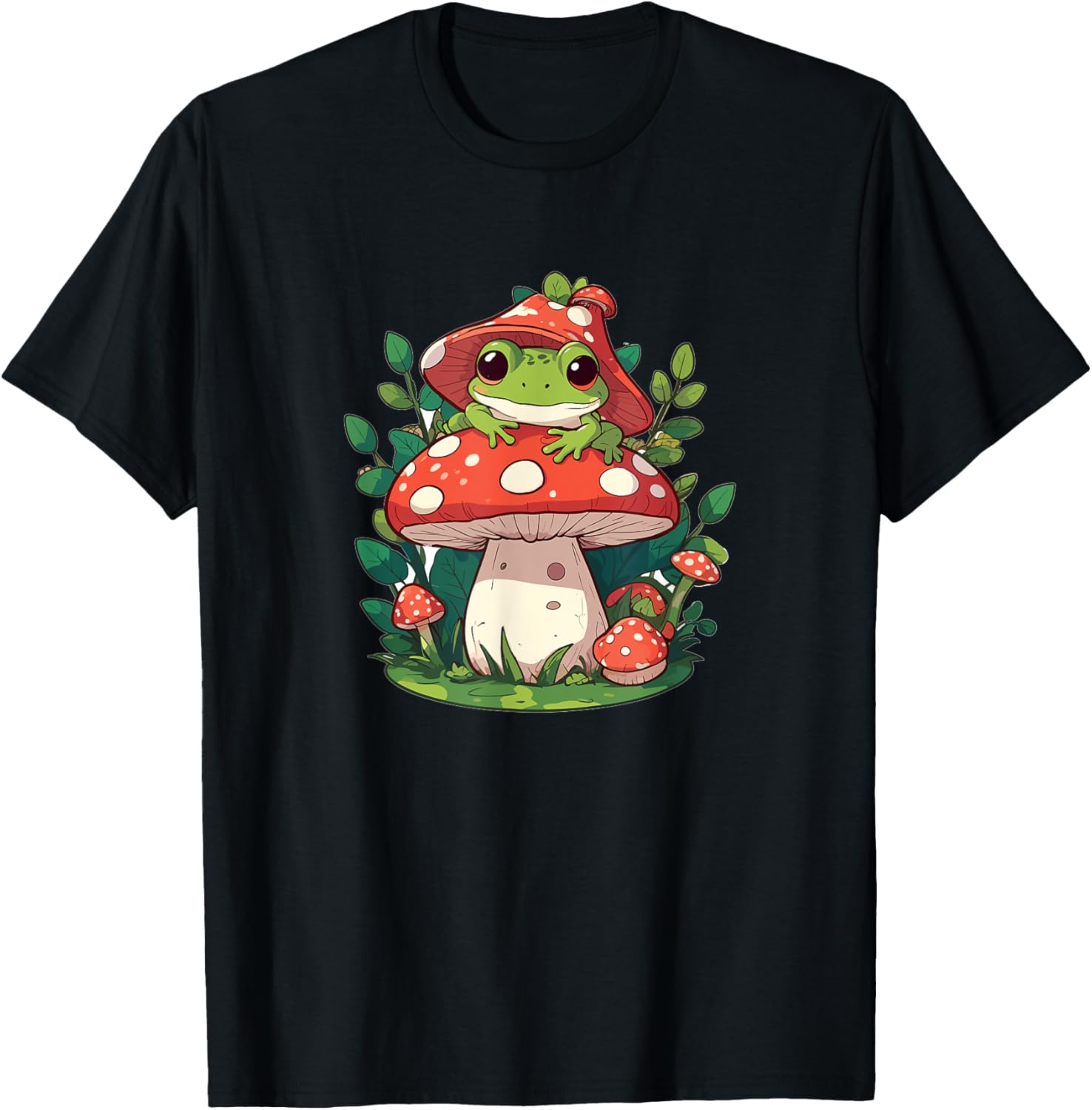 Kawaii Cottagecore Designs Cute Frog on Mushroom Cartoon Aesthetic Art T Shirt   Unisex Adults\/Kids   Black   Short Sleeve   Classic Fit   Cotton 65%, Polyester 35%