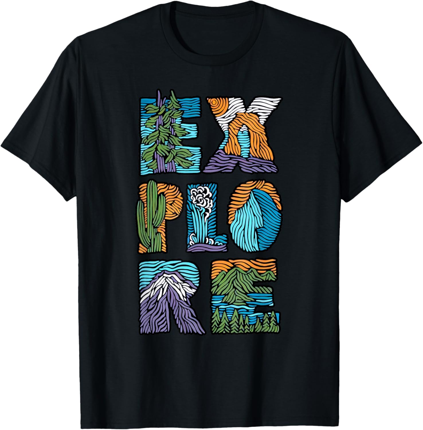 Explore Nature Outdoor National Park Hiker Camper Unisex Adults,Unisex Kids Modern Letter Print T Shirt Black Small Crew Neck Short Sleeve