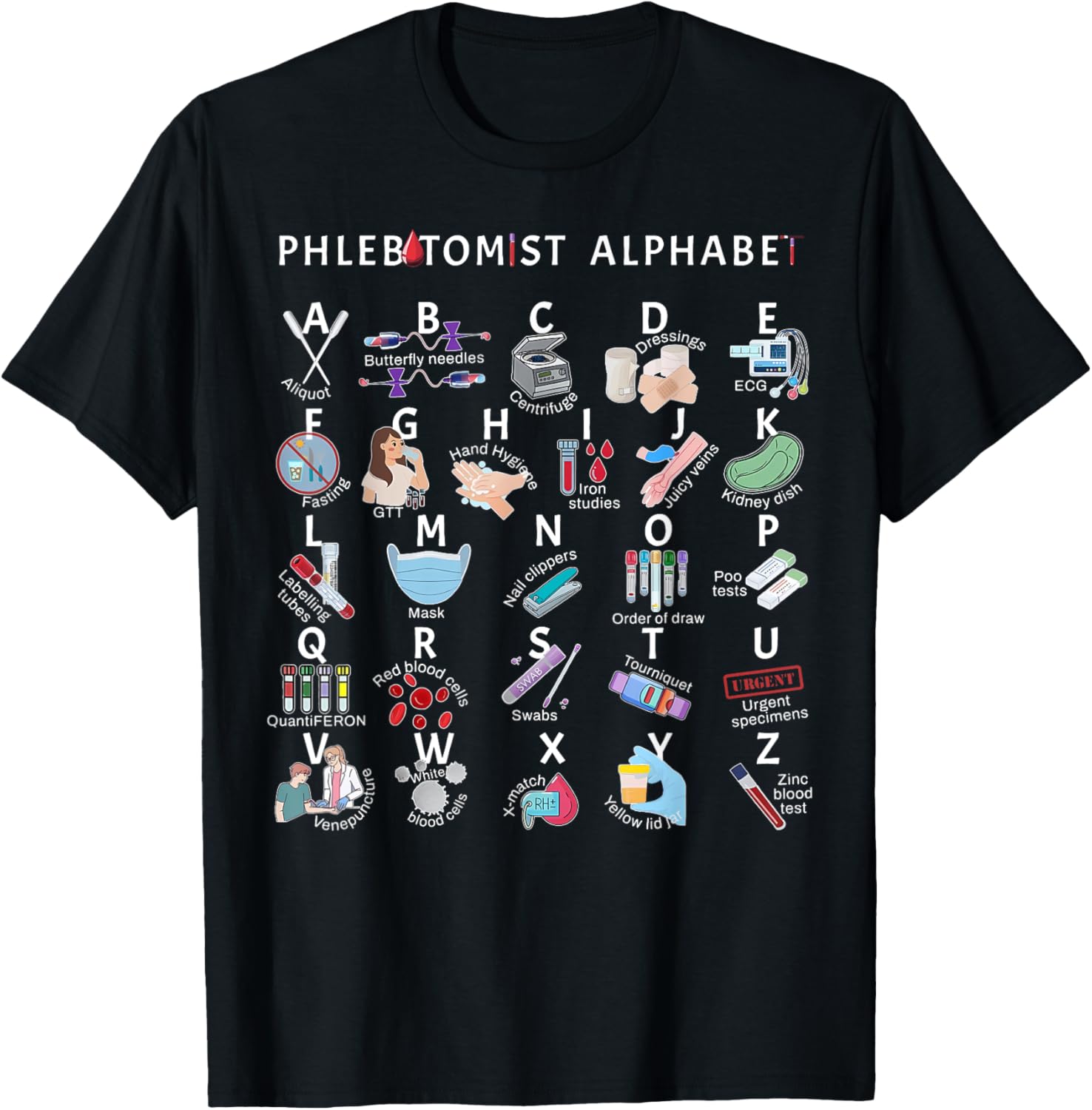 Phlebotomy Nurse Phlebotomist Alphabet Outfit Unisex Adults Black Small Modern Crew Neck Letter Print