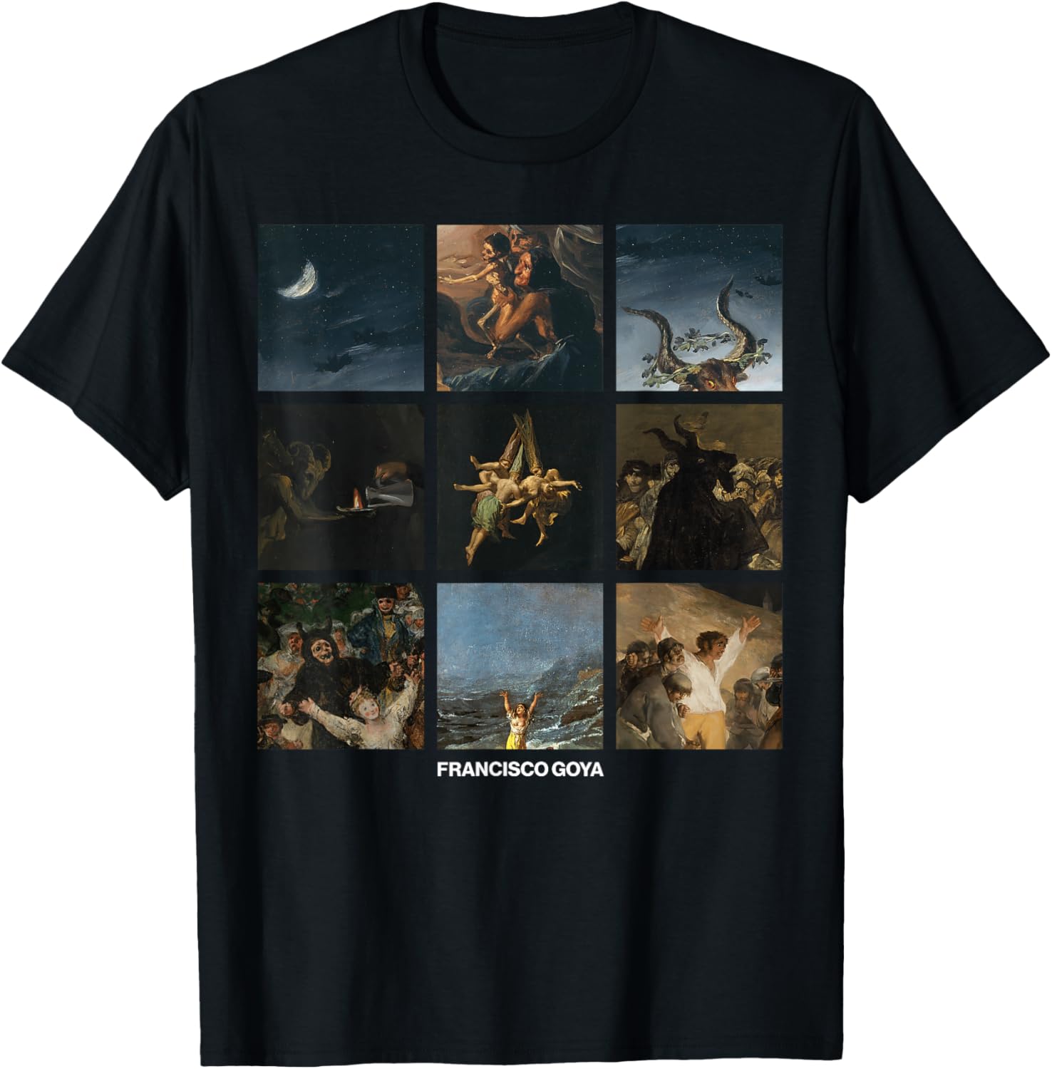 Fine Arts Bottega Francisco Goya Famous Paintings Grid T Shirt, Black, Small, Unisex, Short Sleeve, Classic Fit, Cotton 65% Polyester 35%, Casual, Modern, All Season, Francisco Goya Theme