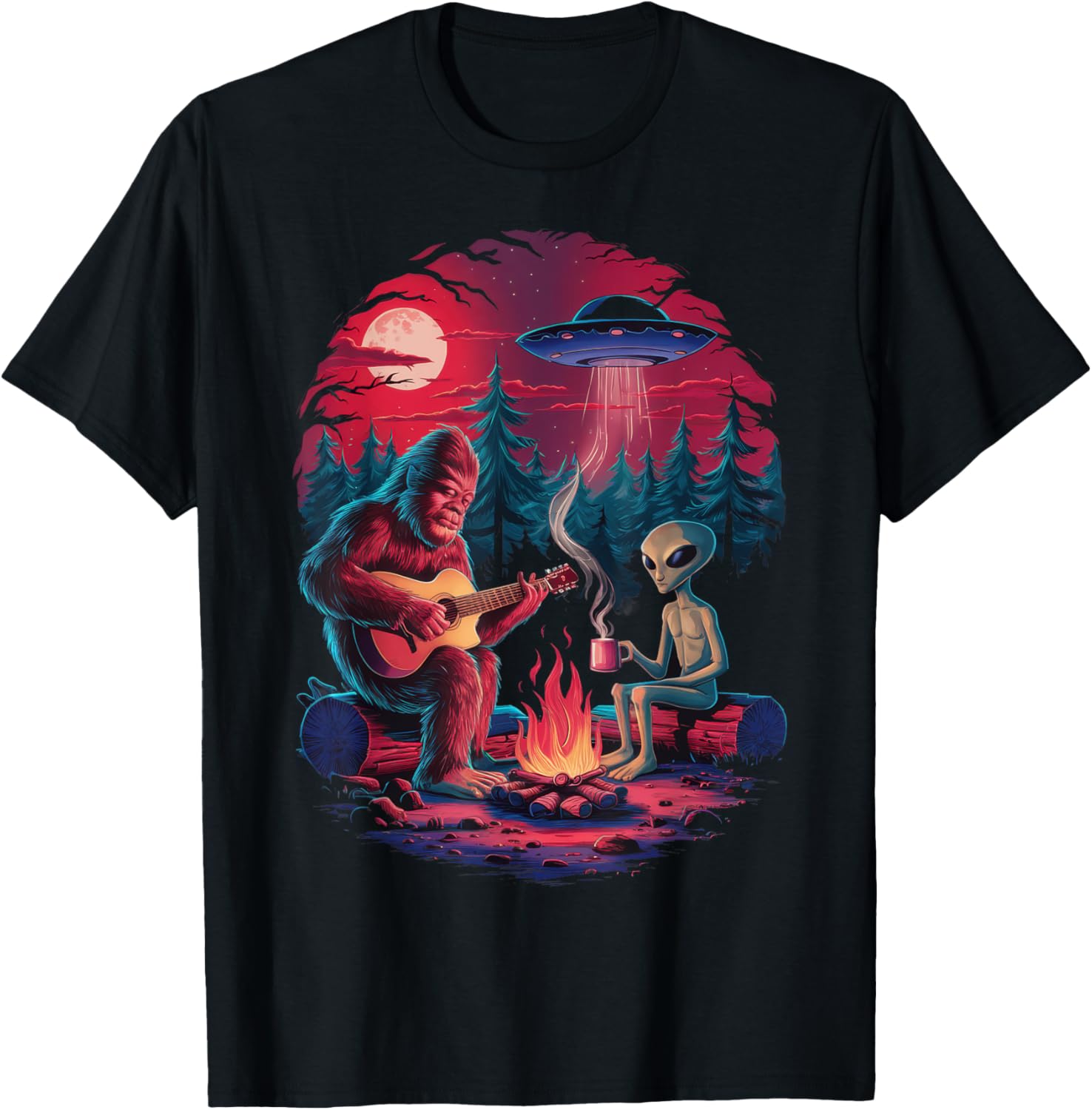 Funny Alien and Bigfoot Campfire Moon UFO Adventure Hiking