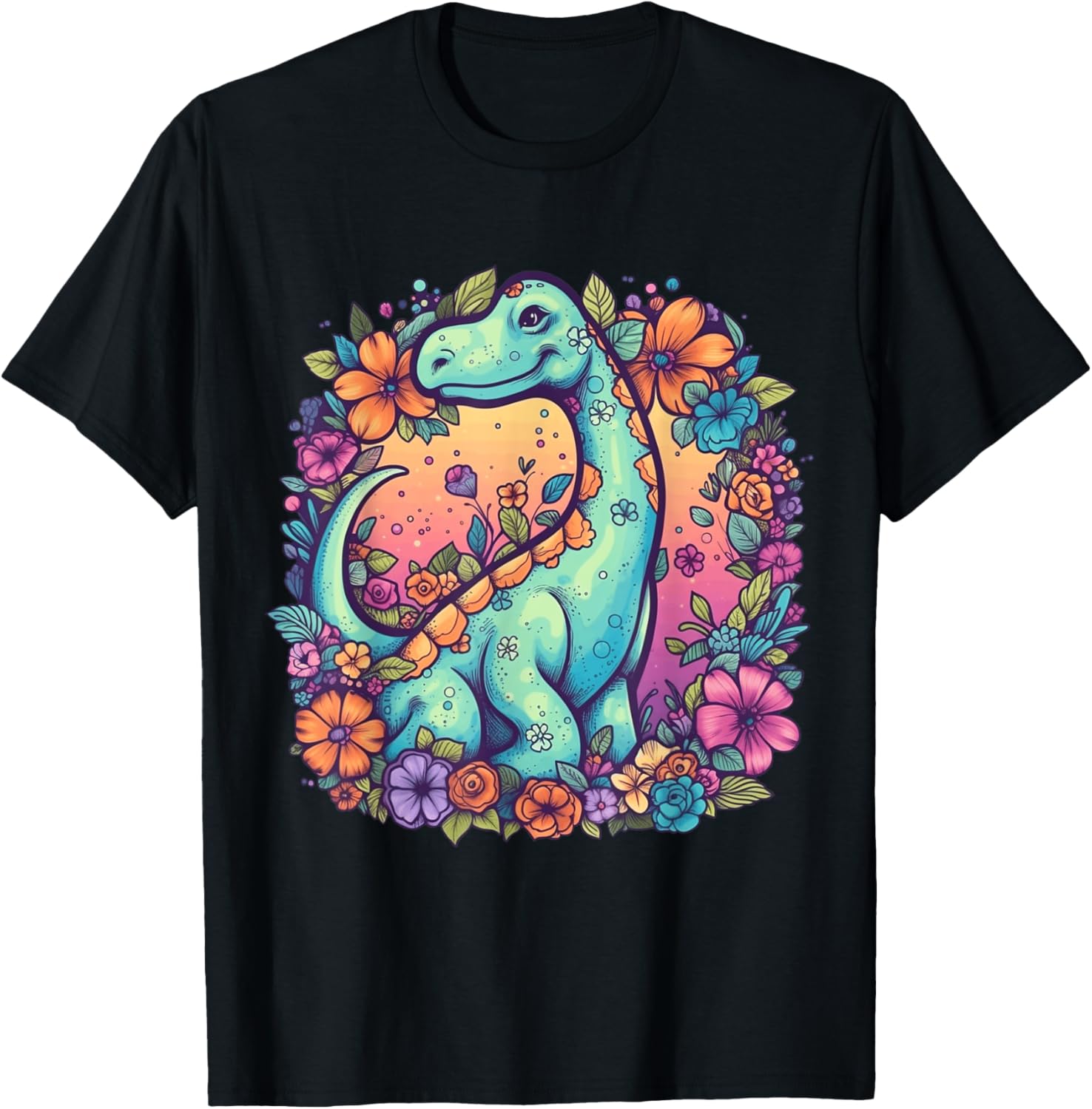 Friendly Colorful Cartoon Brontosaurus Frolicking in Flowers