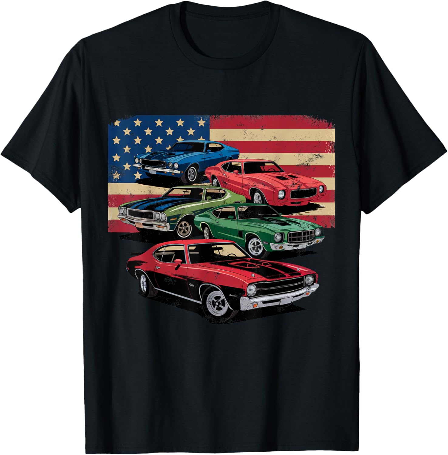Vintage Classic Cars Muscle Car American Flag Patriotic
