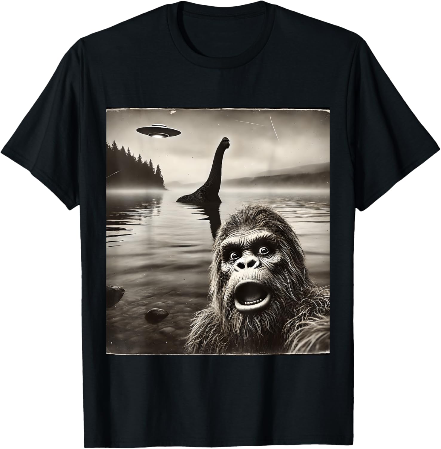 Bigfoot Selfie With Loch Ness Monster And UFO Aliens Graphic
