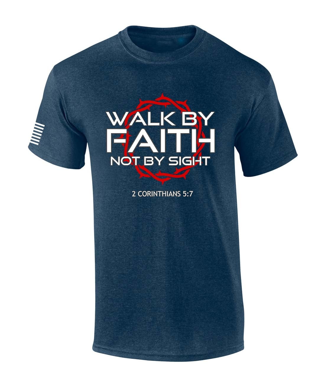 Mens Christian Shirt Walk By Faith Not By Sight 2 Corinthians 5:7 Scripture American Flag Sleeve T shirt Graphic Tee Heather Navy xxl