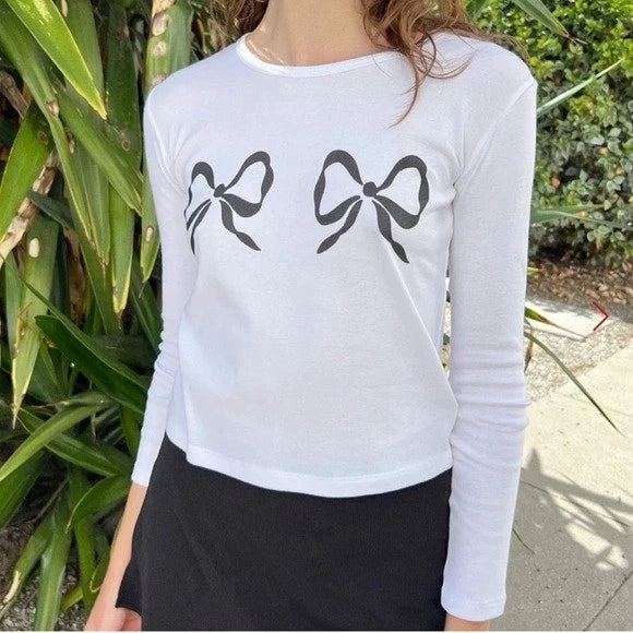 Nwt Lisa Says Gah! Bow Dana Long Sleeve Tee White Medium