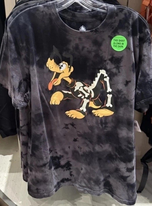 Disney Parks 2025 Halloween Pluto Skeleton Tie Dye Shirt Xl Glows In The Dark
