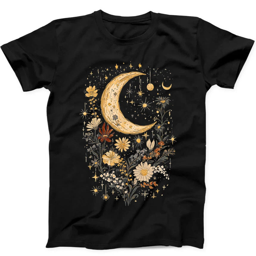 Celestial Moon Boho Flowers Best Seller Funny Gift Black Tee T Shirt 362