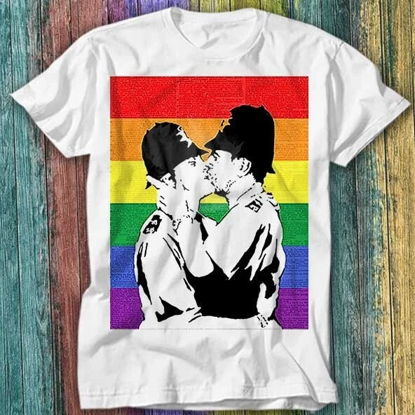 Banksy Lgbt Pride Gay Rainbow Graffiti Police Kissing T Shirt Top Tee 486